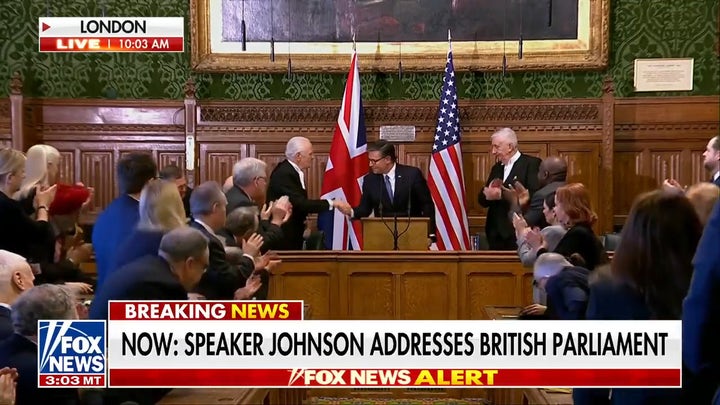 House Speaker Mike Johnson tells British Parliament he came to ‘calm the waters’